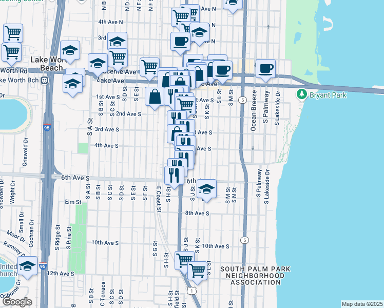 map of restaurants, bars, coffee shops, grocery stores, and more near 427 South J Street in Lake Worth