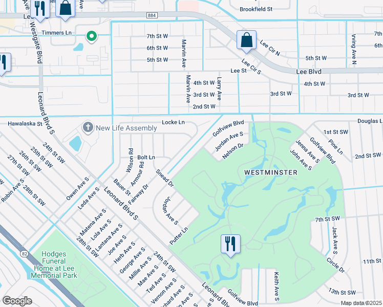 map of restaurants, bars, coffee shops, grocery stores, and more near 4854 Golfview Boulevard in Lehigh Acres