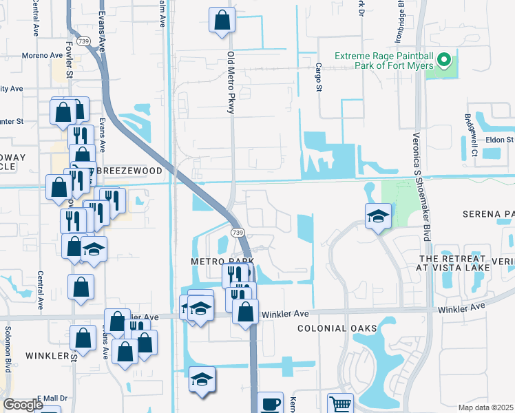 map of restaurants, bars, coffee shops, grocery stores, and more near 3613 Pine Oak Circle in Fort Myers