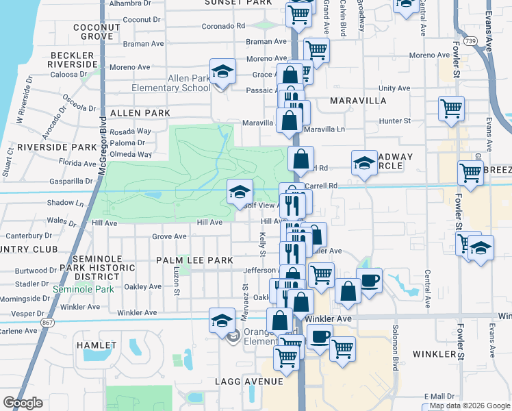 map of restaurants, bars, coffee shops, grocery stores, and more near 8 Kelly Street in Fort Myers