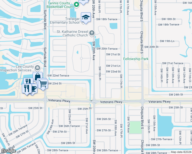map of restaurants, bars, coffee shops, grocery stores, and more near 2219 Southwest 20th Avenue in Cape Coral