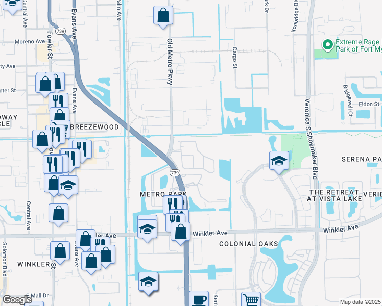 map of restaurants, bars, coffee shops, grocery stores, and more near 3613 Pine Oak Circle in Fort Myers