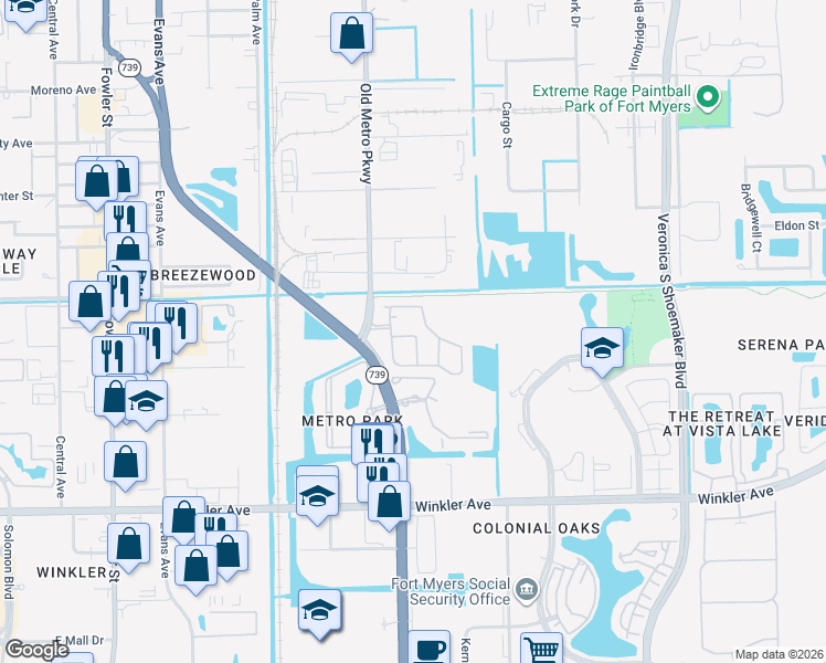 map of restaurants, bars, coffee shops, grocery stores, and more near 3005 Palmetto Oak Drive in Fort Myers