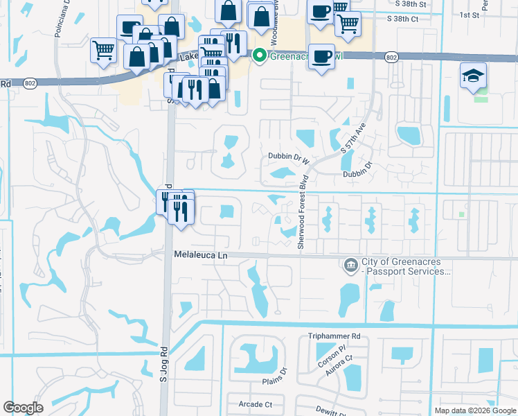 map of restaurants, bars, coffee shops, grocery stores, and more near 6380 Summer Sky Lane in Greenacres
