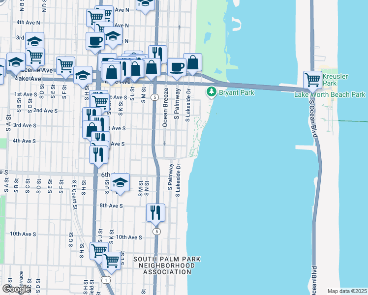 map of restaurants, bars, coffee shops, grocery stores, and more near 116 5th Avenue South in Lake Worth