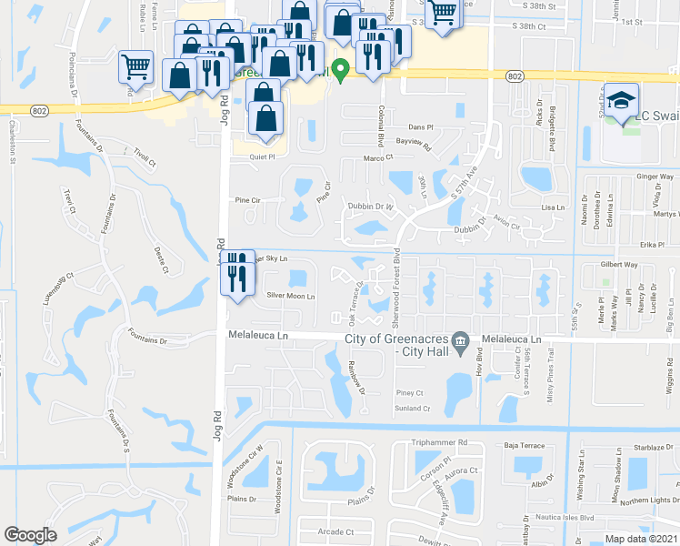 map of restaurants, bars, coffee shops, grocery stores, and more near 6380 Summer Sky Lane in Greenacres