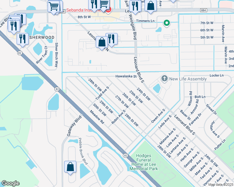 map of restaurants, bars, coffee shops, grocery stores, and more near 5225 27th Street Southwest in Lehigh Acres