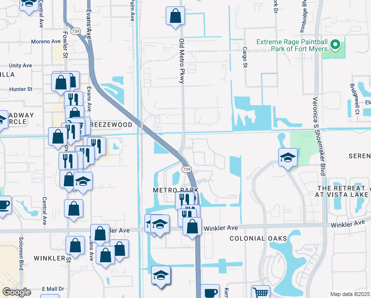 map of restaurants, bars, coffee shops, grocery stores, and more near 3551 Florida 739 in Fort Myers
