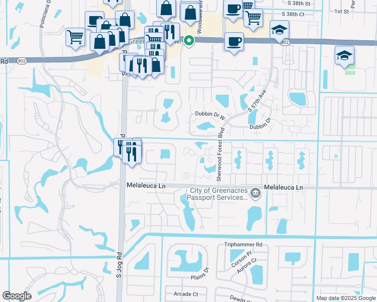 map of restaurants, bars, coffee shops, grocery stores, and more near 4297 Oak Terrace Drive in Greenacres