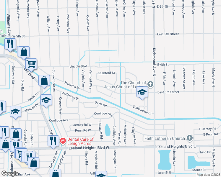 map of restaurants, bars, coffee shops, grocery stores, and more near 123 Stetson Street in Lehigh Acres