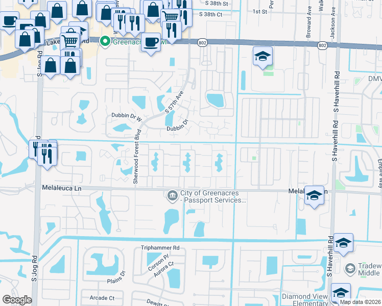 map of restaurants, bars, coffee shops, grocery stores, and more near 236 Pine High Occupancy Vehicle Circle in Greenacres