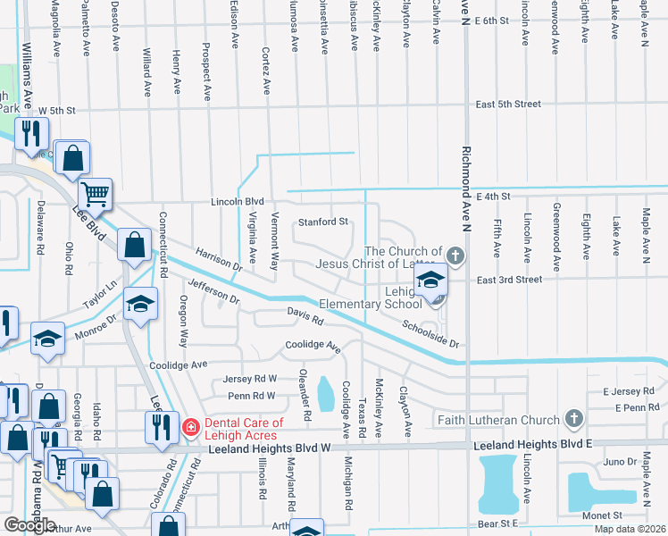 map of restaurants, bars, coffee shops, grocery stores, and more near 123 Stetson Street in Lehigh Acres