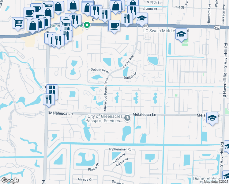 map of restaurants, bars, coffee shops, grocery stores, and more near 129 Lake Pine Circle in Greenacres