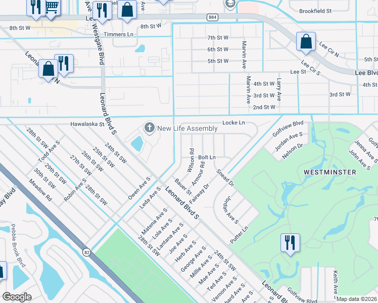 map of restaurants, bars, coffee shops, grocery stores, and more near 2201 Wilson Road in Lehigh Acres