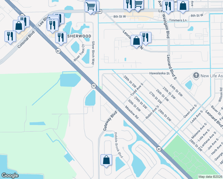 map of restaurants, bars, coffee shops, grocery stores, and more near 122 Meadow Road in Lehigh Acres