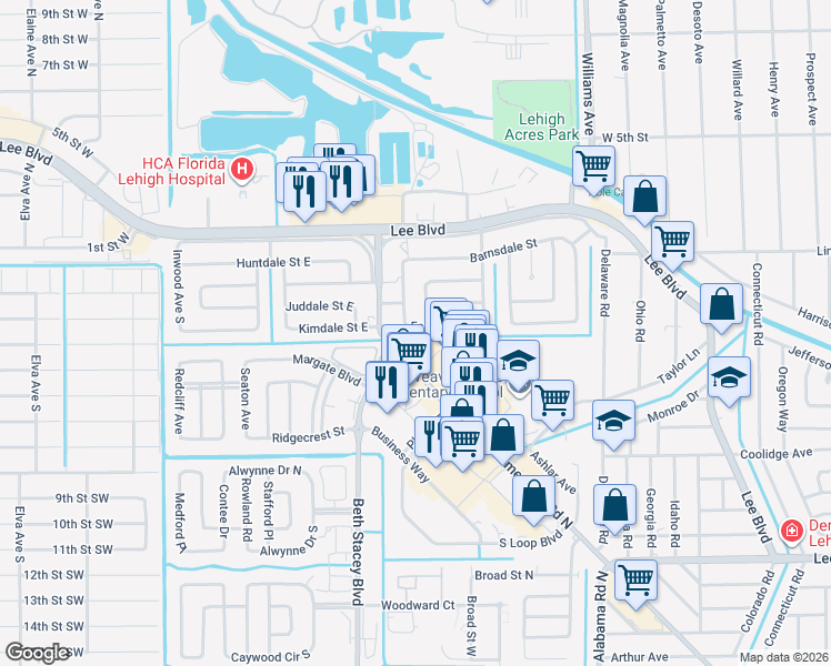 map of restaurants, bars, coffee shops, grocery stores, and more near 1316 Ellendale Circle in Lehigh Acres