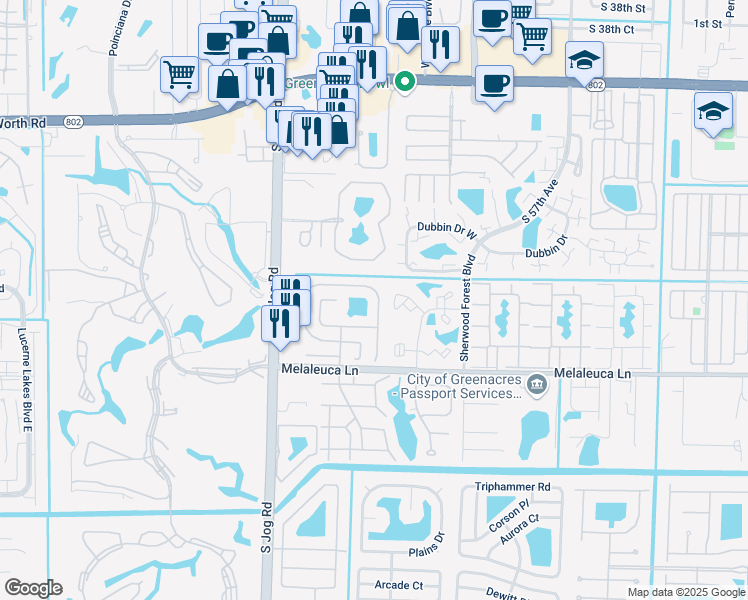 map of restaurants, bars, coffee shops, grocery stores, and more near 6366 Summer Sky Lane in Greenacres