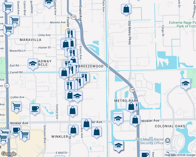map of restaurants, bars, coffee shops, grocery stores, and more near Crestwood Lake Avenue in Fort Myers