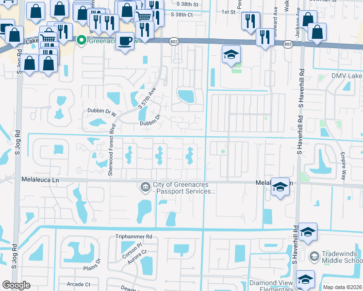 map of restaurants, bars, coffee shops, grocery stores, and more near 314 Knotty Pine Circle in Greenacres