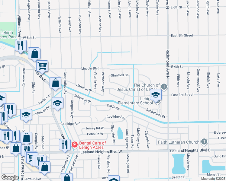 map of restaurants, bars, coffee shops, grocery stores, and more near 110 East 3rd Street in Lehigh Acres