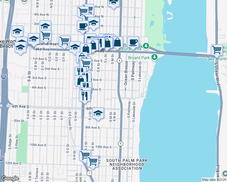 map of restaurants, bars, coffee shops, grocery stores, and more near 318 South M Street in Lake Worth