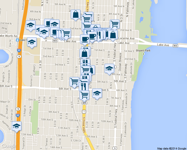 map of restaurants, bars, coffee shops, grocery stores, and more near 317 South J Street in Lake Worth