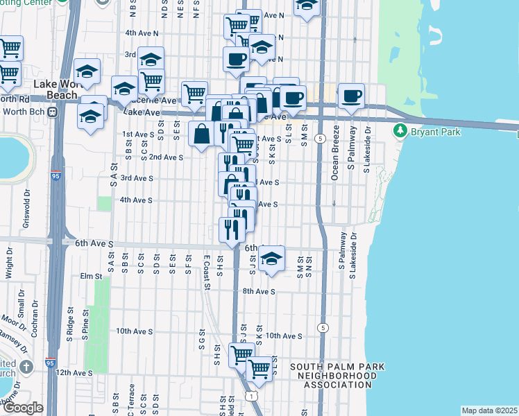 map of restaurants, bars, coffee shops, grocery stores, and more near 317 South J Street in Lake Worth