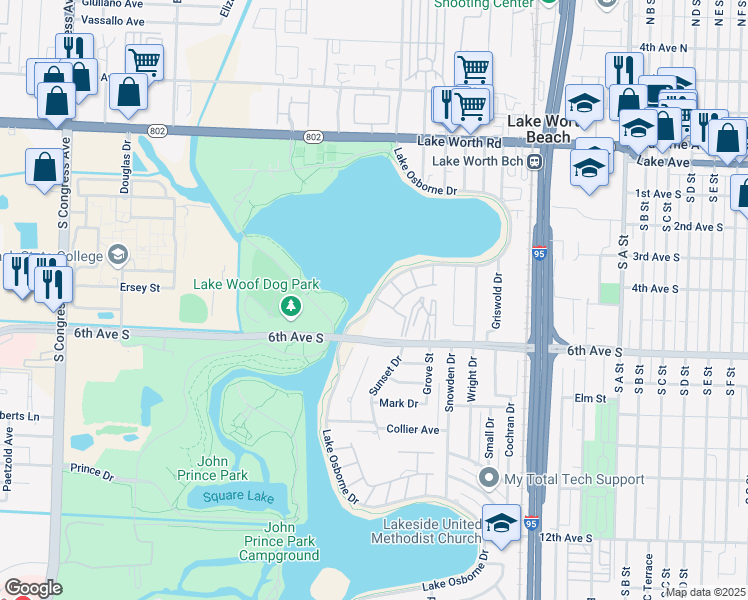 map of restaurants, bars, coffee shops, grocery stores, and more near 12 Sunset Avenue in Lake Worth