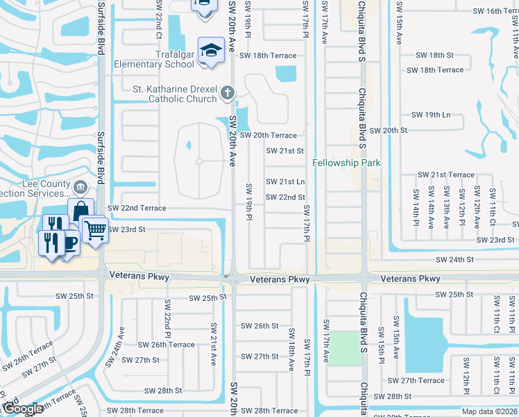 map of restaurants, bars, coffee shops, grocery stores, and more near 2205 Southwest 19th Place in Cape Coral