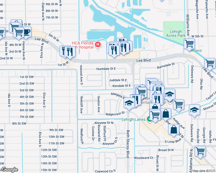 map of restaurants, bars, coffee shops, grocery stores, and more near 312 Grovewood Avenue South in Lehigh Acres