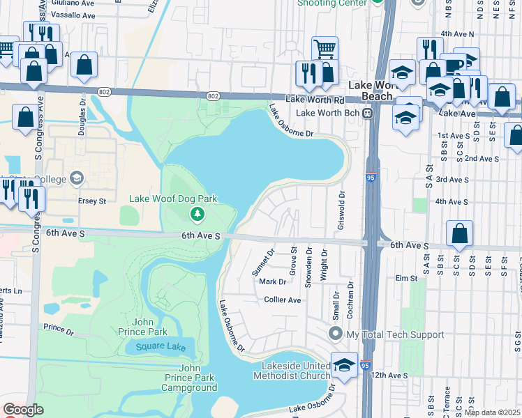 map of restaurants, bars, coffee shops, grocery stores, and more near 12 Sunset Avenue in Lake Worth