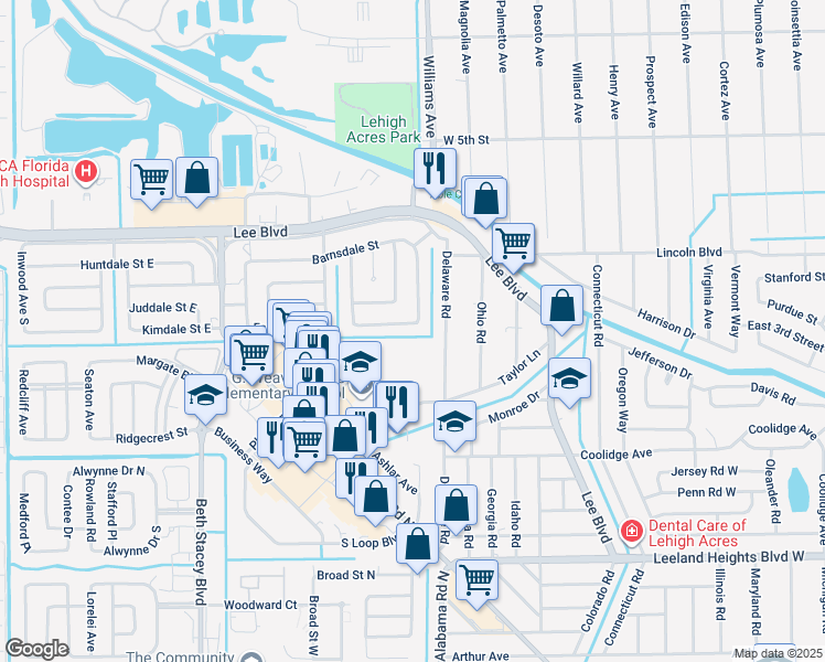 map of restaurants, bars, coffee shops, grocery stores, and more near 1206 Dunndale Street in Lehigh Acres