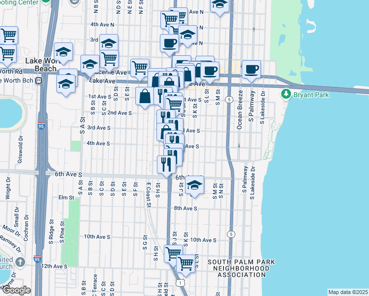 map of restaurants, bars, coffee shops, grocery stores, and more near 317 South J Street in Lake Worth
