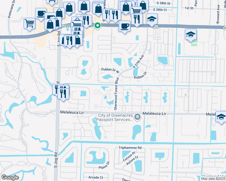 map of restaurants, bars, coffee shops, grocery stores, and more near 4147 Oak Terrace Drive in Greenacres