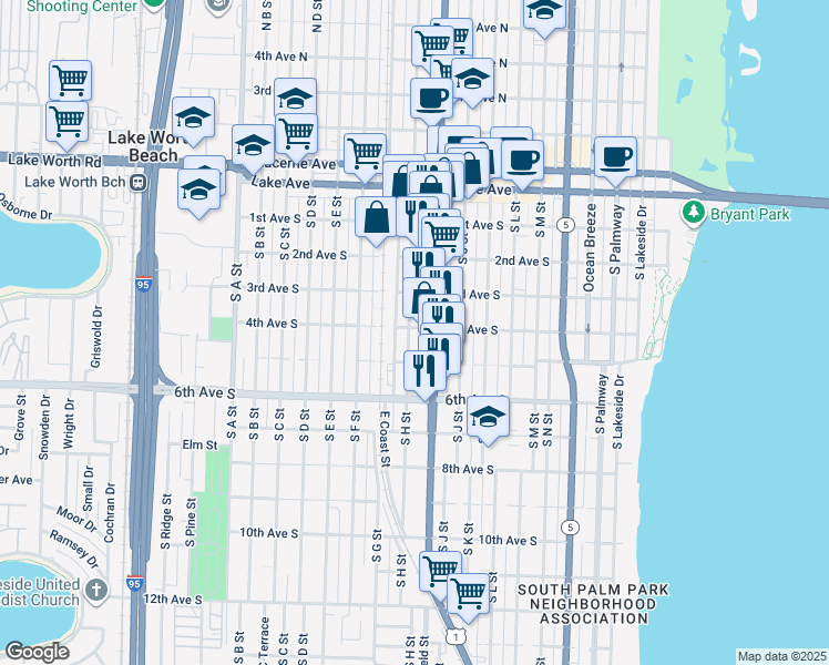 map of restaurants, bars, coffee shops, grocery stores, and more near 326 South H Street in Lake Worth