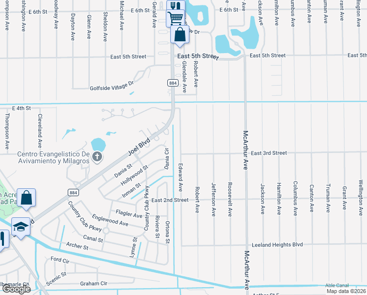 map of restaurants, bars, coffee shops, grocery stores, and more near 302 Edward Avenue in Lehigh Acres
