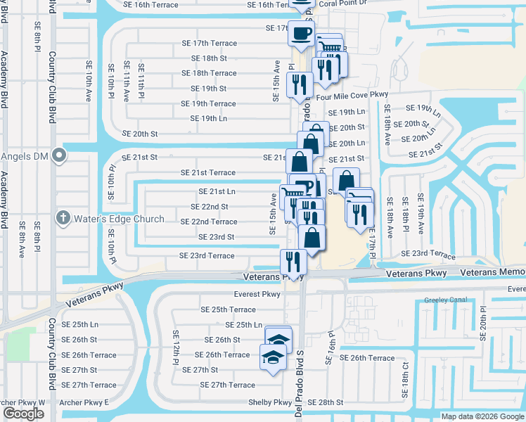 map of restaurants, bars, coffee shops, grocery stores, and more near 1445 Southeast 22nd Street in Cape Coral