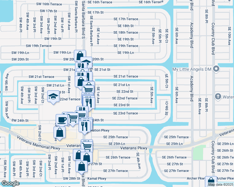 map of restaurants, bars, coffee shops, grocery stores, and more near 207 Southeast 22nd Street in Cape Coral