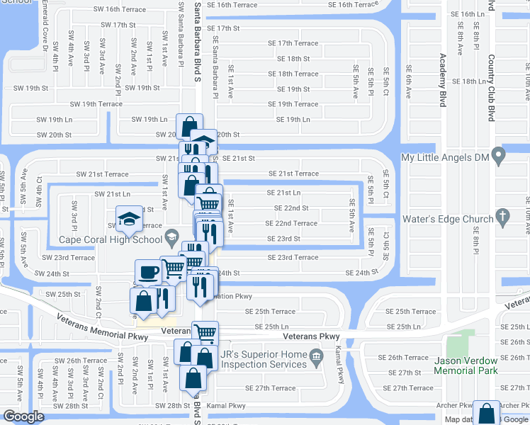 map of restaurants, bars, coffee shops, grocery stores, and more near 158 Southeast 22nd Street in Cape Coral