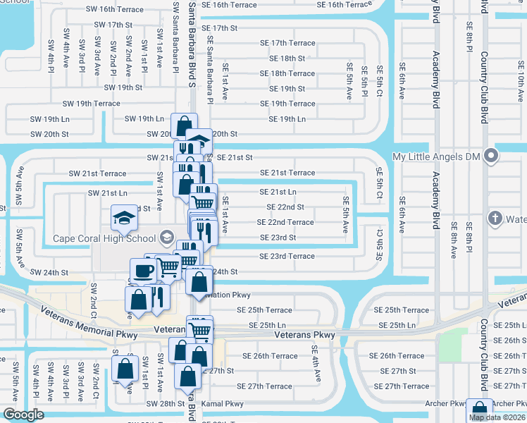 map of restaurants, bars, coffee shops, grocery stores, and more near 153 Southeast 22nd Street in Cape Coral