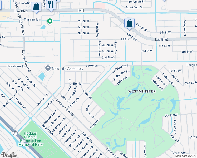 map of restaurants, bars, coffee shops, grocery stores, and more near 2125 Fairway Drive in Lehigh Acres