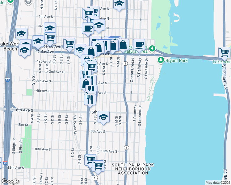 map of restaurants, bars, coffee shops, grocery stores, and more near 318 South M Street in Lake Worth