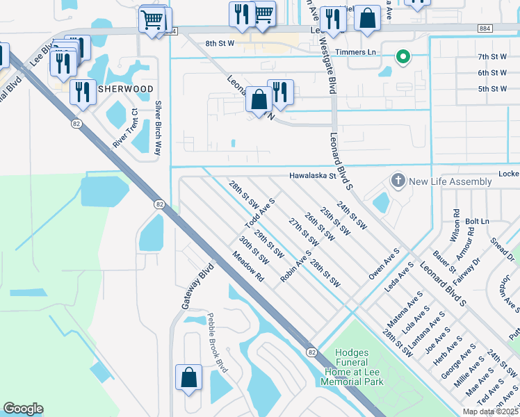 map of restaurants, bars, coffee shops, grocery stores, and more near 5305 27th Street Southwest in Lehigh Acres
