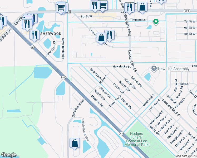 map of restaurants, bars, coffee shops, grocery stores, and more near 5317 28th Street Southwest in Lehigh Acres
