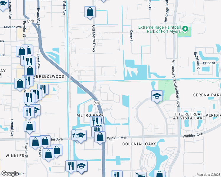 map of restaurants, bars, coffee shops, grocery stores, and more near 3638 Pine Oak Circle in Fort Myers