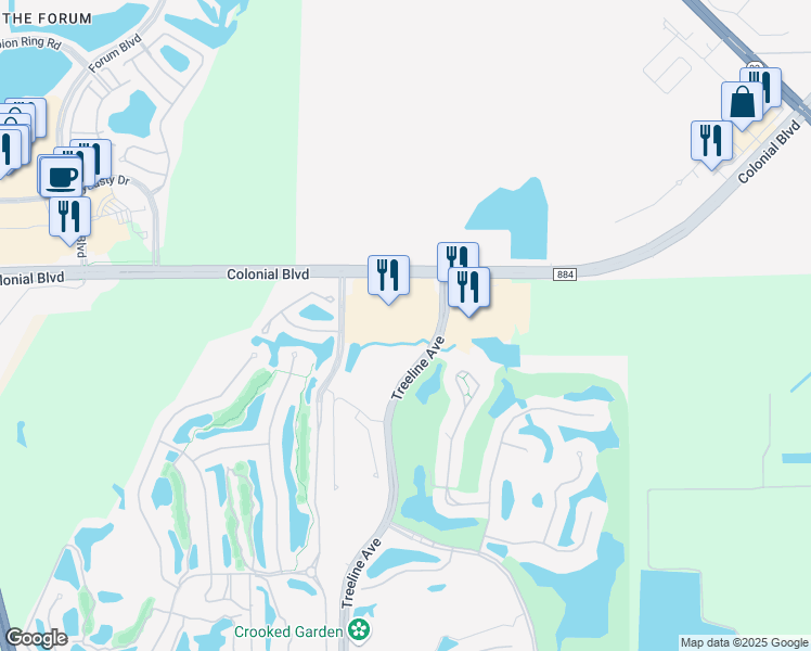 map of restaurants, bars, coffee shops, grocery stores, and more near 10580 Colonial Boulevard in Fort Myers