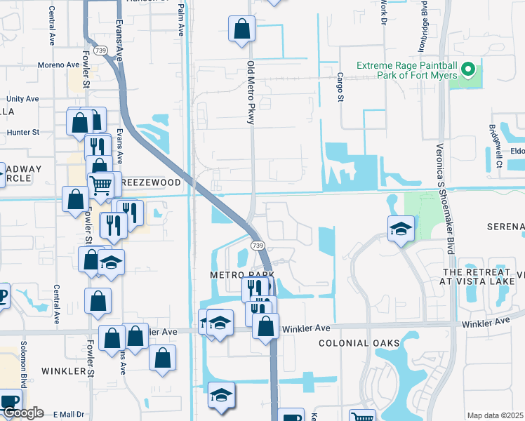 map of restaurants, bars, coffee shops, grocery stores, and more near 3644 Pine Oak Circle in Fort Myers