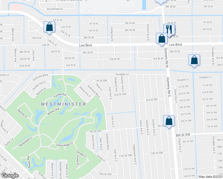 map of restaurants, bars, coffee shops, grocery stores, and more near 127 Ivan Avenue South in Lehigh Acres