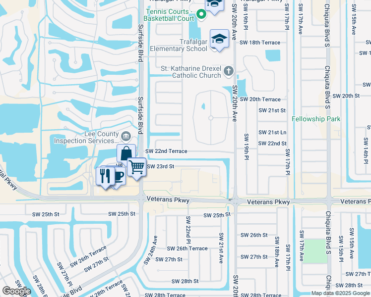 map of restaurants, bars, coffee shops, grocery stores, and more near 2220 Southwest 22nd Street in Cape Coral