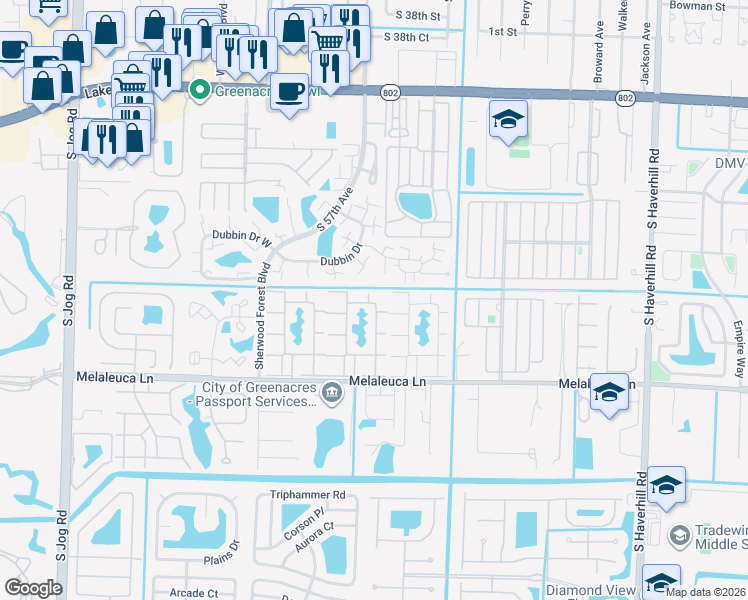 map of restaurants, bars, coffee shops, grocery stores, and more near 245 Pine High Occupancy Vehicle Circle in Greenacres
